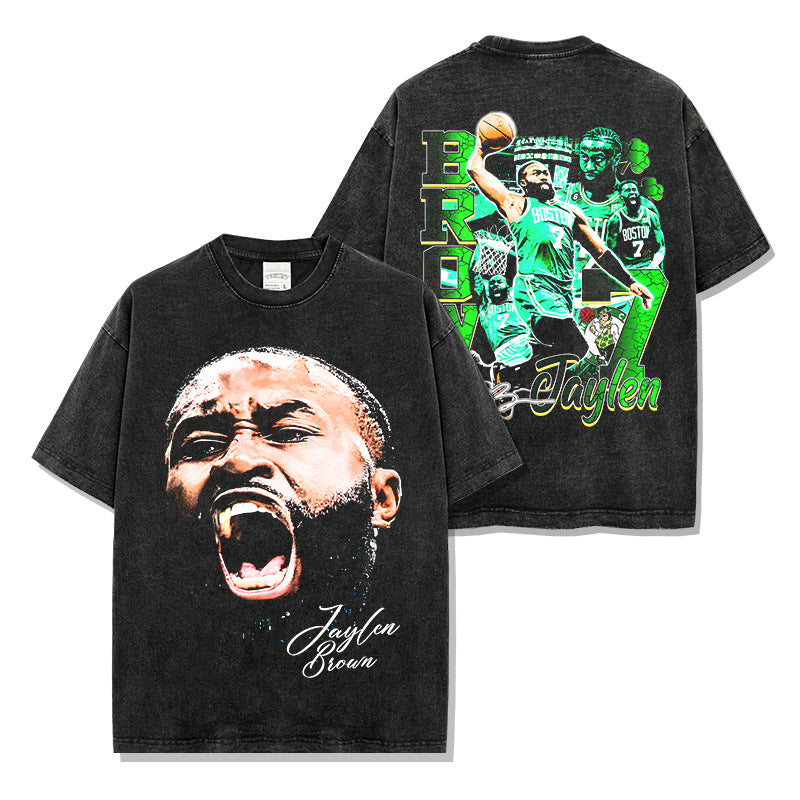 Vintage Jaylen Brown Double-Sided Printed Short Sleeve T-Shirt Washed Long Sleeve Loose Hooded Sweater