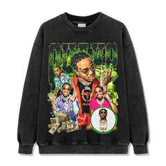 Vintage Hip Hop Quavo Printed Short Sleeve T-Shirt Washed Old Long Sleeve Loose Hooded Sweater