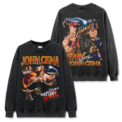 JOHN CENA John Cena print washed short-sleeved T-shirt round neck loose hooded sweater men