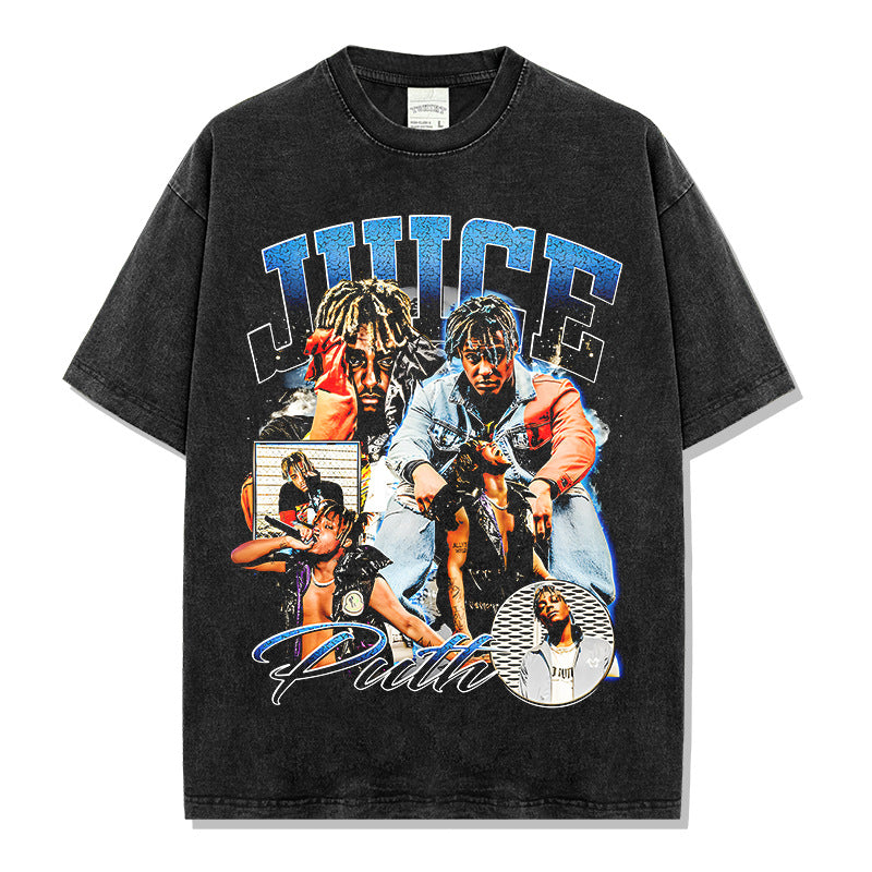 Hip Hop JUICE WRLD Printed Short Sleeve T-Shirt Washed Long Sleeve Loose Casual Hooded Sweater Men