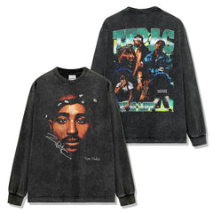 Hip Hop 2PAC TUPAC Printed Washed Short Sleeve T-Shirt Crew Neck Heavy Loose Hooded Sweater Men