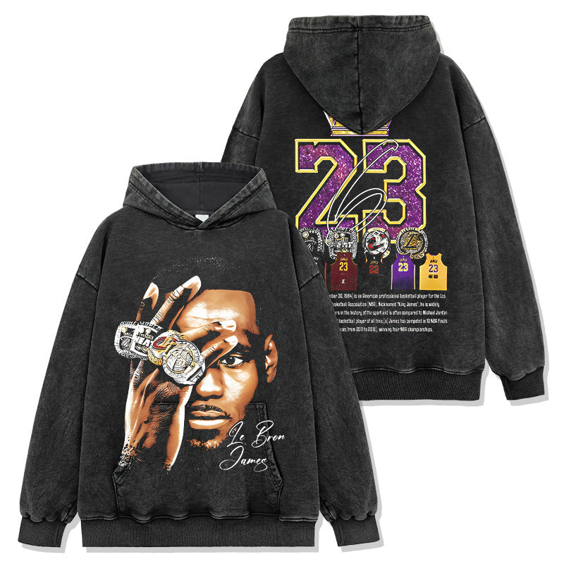 James LeBron James Printed Short Sleeve T-Shirt Washed Crew Neck Long Sleeve Hooded Sweater Men