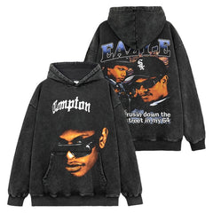 Hip Hop Eric Eazy-E Printed Washed Short Sleeve T-Shirt Casual Crew Neck Hooded Sweater