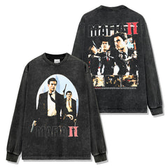 Vintage Mafia MAFIA2 Double-Sided Printed Washed Short Sleeve T-Shirt Casual Crew Neck Hooded Sweater