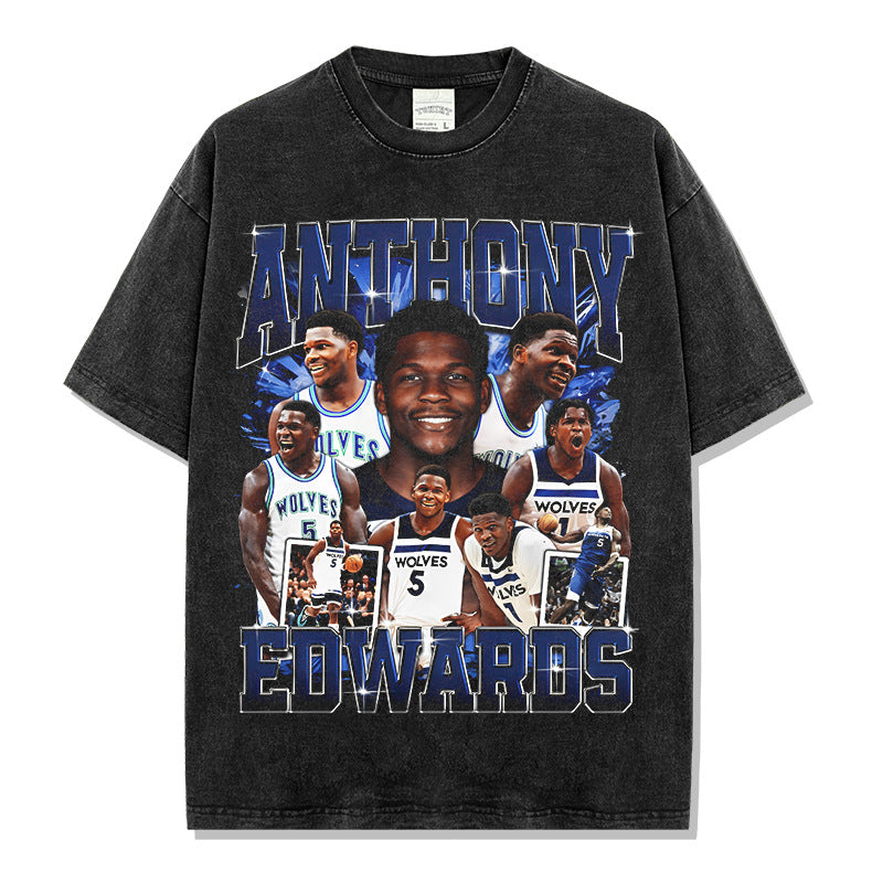 Vintage Anthony Printed Short Sleeve T-Shirt Vintage Washed Loose Heavyweight Crew Neck T