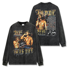 Hip Hop 2 PAC TUPAC Printed Washed Short Sleeve T-Shirt Crew Neck Heavy Hooded Sweater Men