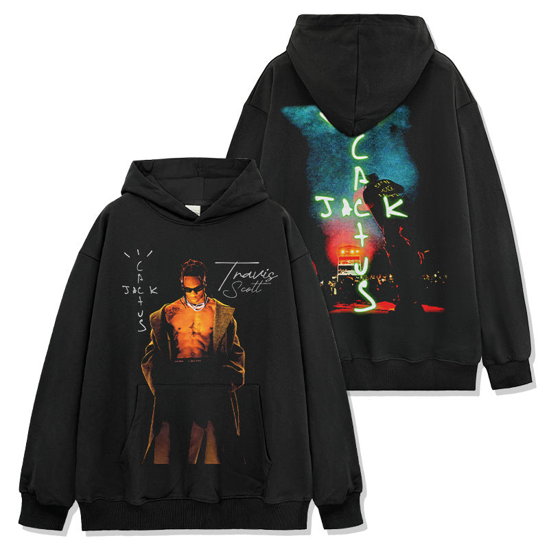 Vintage Travis Scott Black Printed Short Sleeve T-Shirt Washed Long Sleeve Crew Neck Casual Hooded Sweater