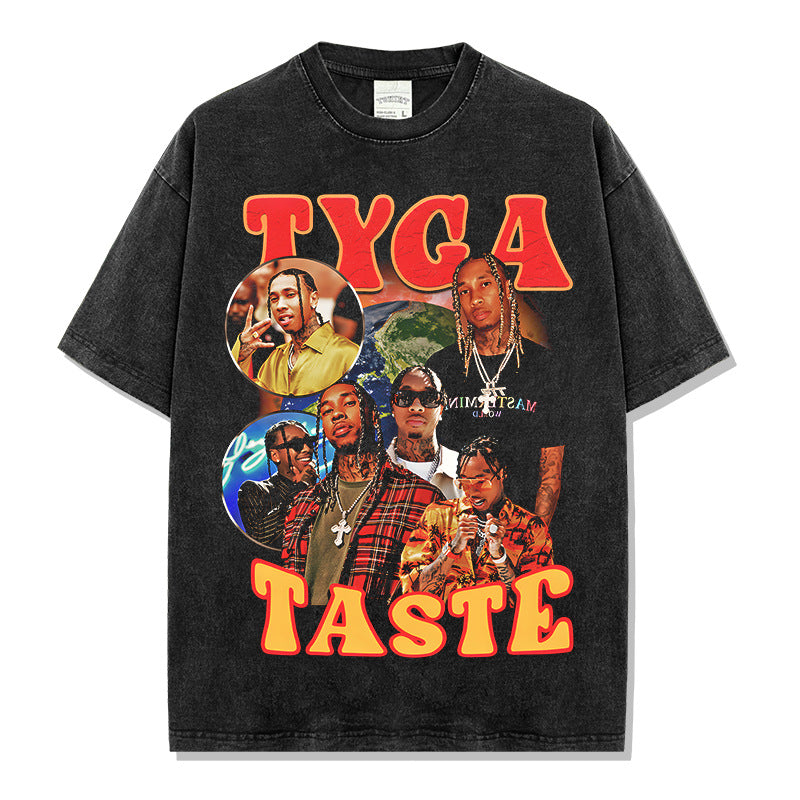 Hip Hop Michael Tyga Print Short Sleeve T-Shirt Washed Long Sleeve Loose Heavy Hooded Sweatshirt Men