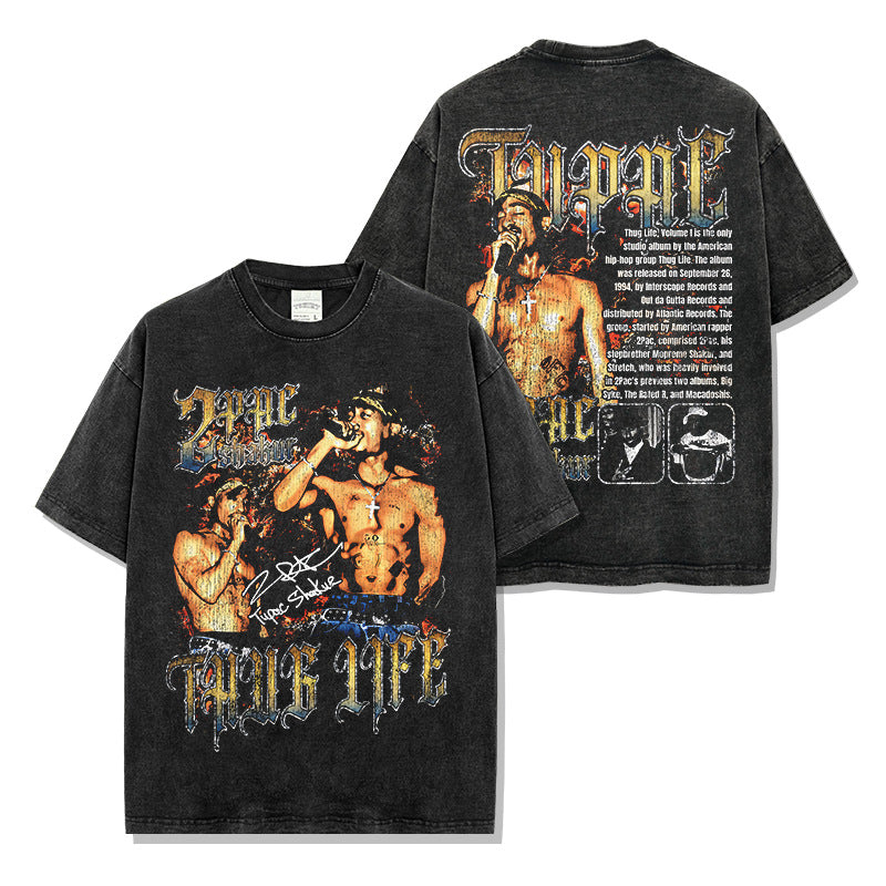 Hip Hop 2 PAC TUPAC Printed Washed Short Sleeve T-Shirt Crew Neck Heavy Hooded Sweater Men