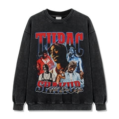 Hip Hop Tupac Printed Short Sleeve T-Shirt Washed Old Long Sleeve Loose Heavy Hooded Sweater Men