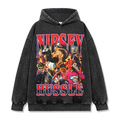 Vintage Hip Hop Nipsey Hussle Printed Short Sleeve T-Shirt Washed Long Sleeve Loose Hooded Sweater