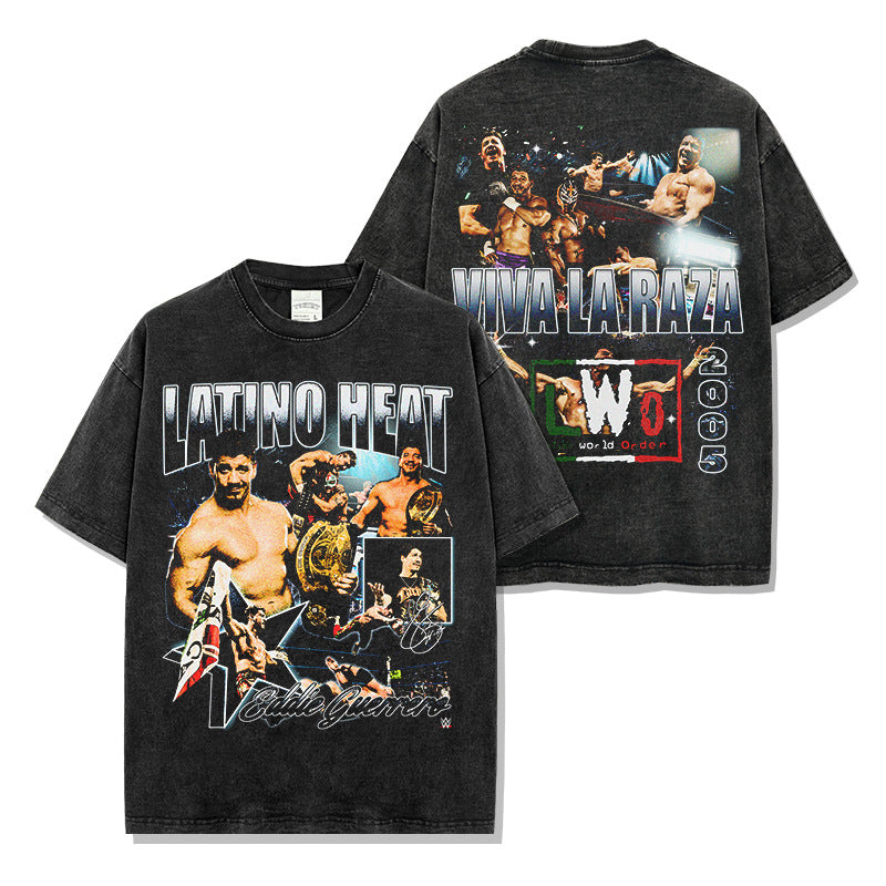 Eddie Guerrero Printed Washed Short Sleeve T-Shirt Crew Neck Loose Hooded Sweater