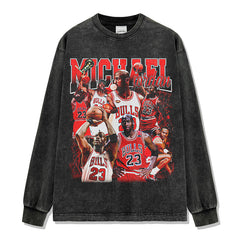 Retro printed short-sleeved t-shirt washed and old long-sleeved round neck loose casual hooded sweater men's trend