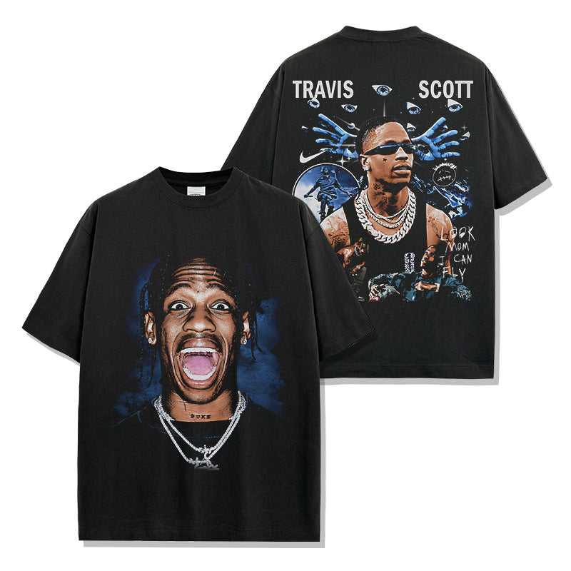 Vintage TRAVIS SCOTT Printed Short Sleeve T-Shirt Washed Long Sleeve Crew Neck Casual Hooded Sweater