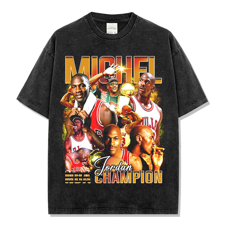 Retro trendy printed short-sleeved t-shirt old washed long-sleeved crew neck loose casual hooded sweater men