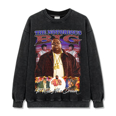 Hip hop biggie smalls printed short-sleeved t-shirt washed and done old long-sleeved loose hooded sweater