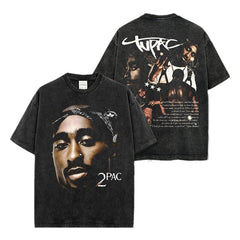 Vintage tupac print short-sleeved t-shirt Vintage loose heavyweight crew neck hooded sweater for men and women