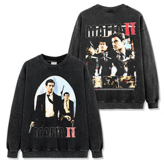 Vintage Mafia MAFIA2 Double-Sided Printed Washed Short Sleeve T-Shirt Casual Crew Neck Hooded Sweater