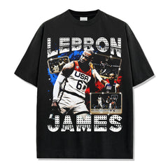 Vintage James James Printed Short Sleeve T-Shirt Washed Loose Casual Heavy Hooded Sweater Men