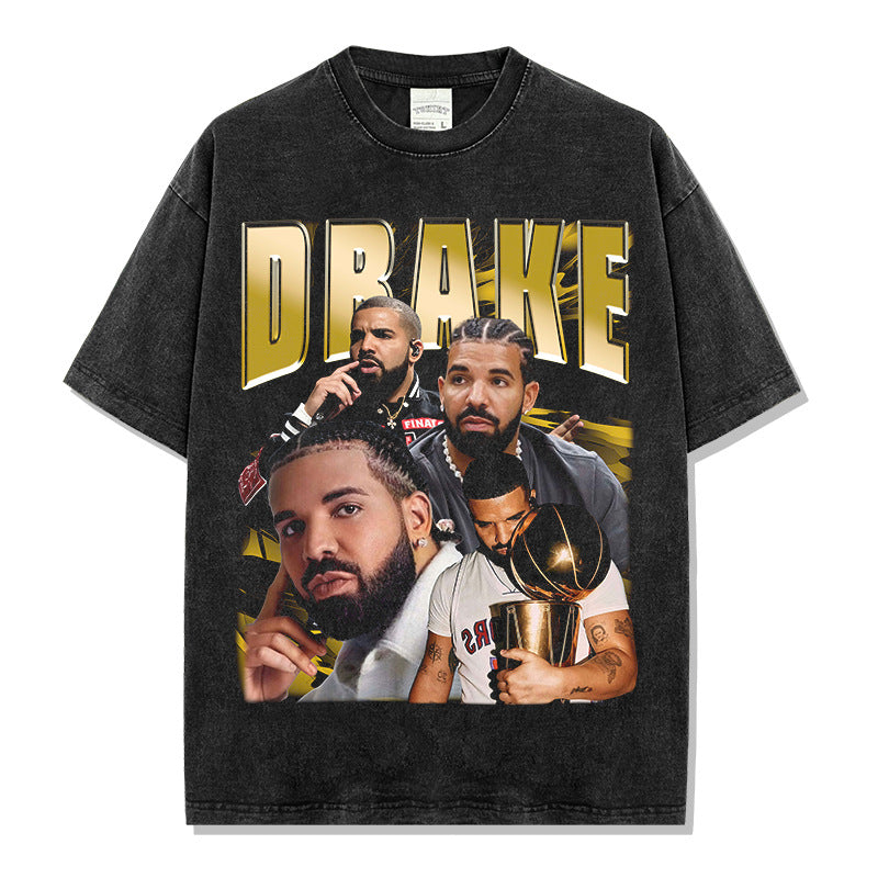 Hip Hop Drake Printed Short Sleeve T-Shirt Washed Long Sleeve Loose Heavy Hooded Sweater Men