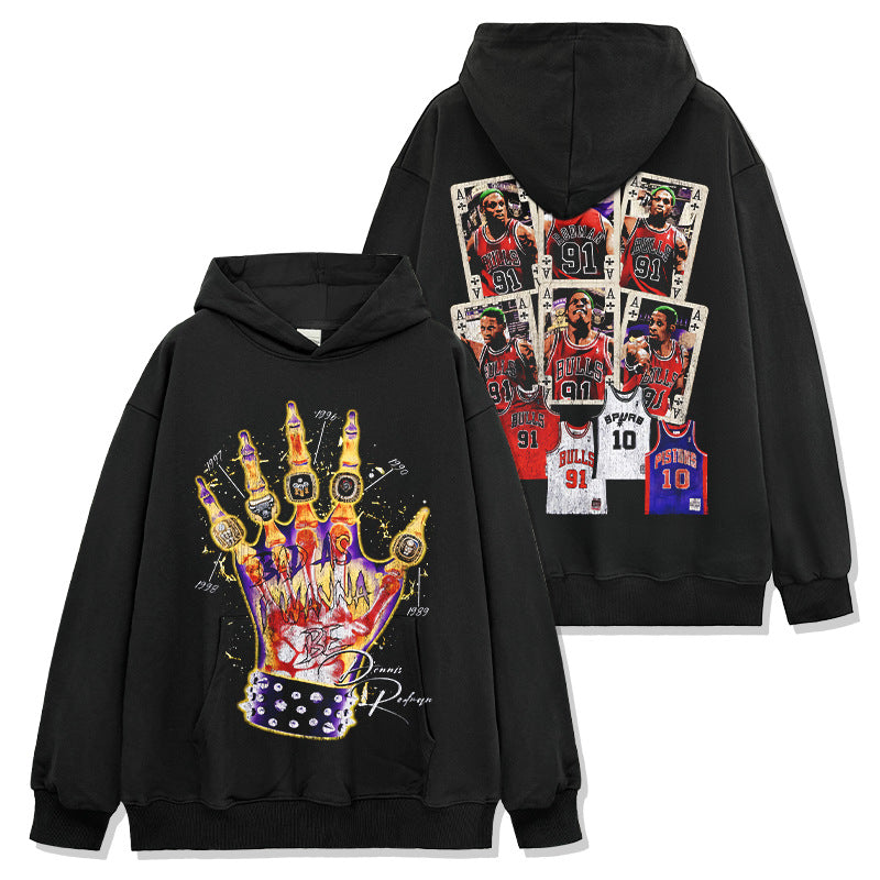 Vintage Rodman Double-Sided Printed Washed Short Sleeve T-Shirt Crew Neck Heavy Loose Hooded Sweater Men
