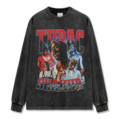 Hip Hop Tupac Printed Short Sleeve T-Shirt Washed Old Long Sleeve Loose Heavy Hooded Sweater Men