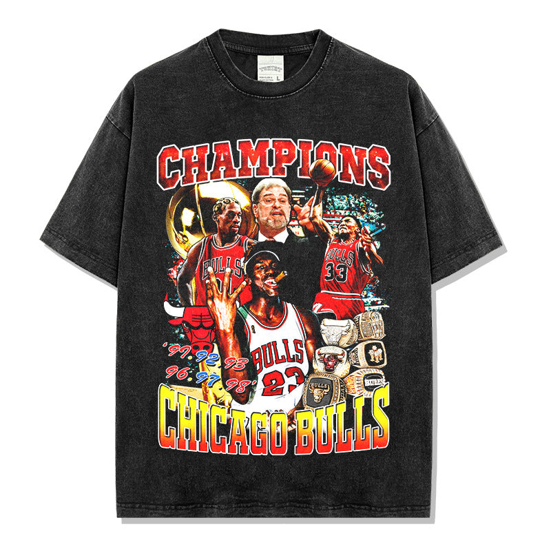 Simple Phil Jackson Zen Printed T-Shirt Vintage Wash Loose Casual Short Sleeve