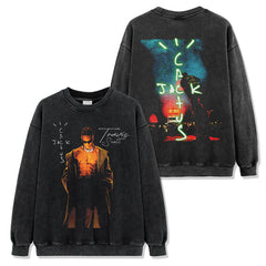 Vintage Travis Scott Black Printed Short Sleeve T-Shirt Washed Long Sleeve Crew Neck Casual Hooded Sweater