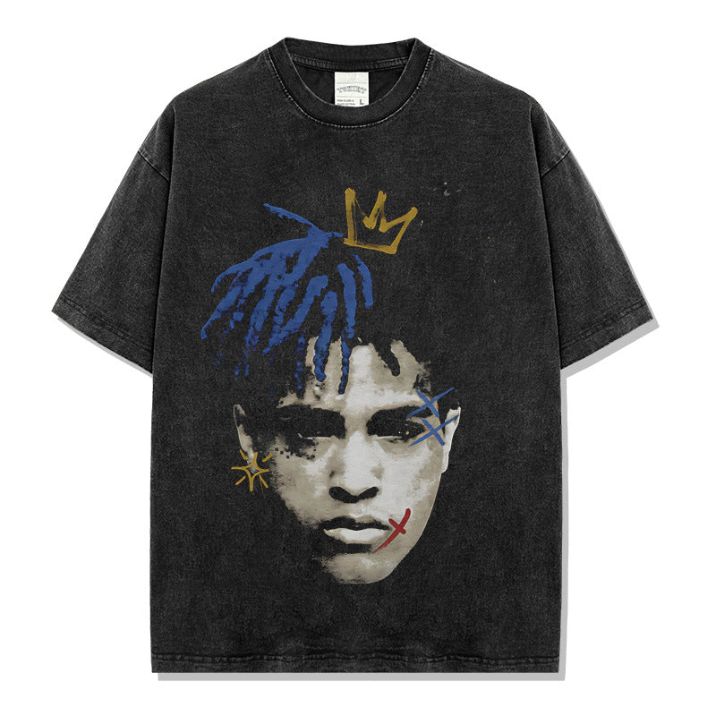 Vintage XXX Tentacion Printed Short Sleeve T-Shirt Vintage Washed Heavy Cotton Crew Neck T