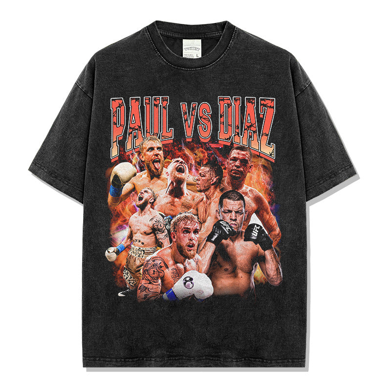 Vintage Paul vs Diaz Printed Short Sleeve T-Shirt Washed Loose Heavy Cotton Small Neckline Tide T