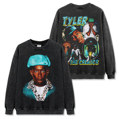 Hip Hop Tyler the Creator Printed Washed Short Sleeve T-Shirt Casual Crew Neck Loose Hooded Sweater
