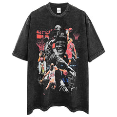 Vintage MJ flying man printing short-sleeved T-shirt high street washed old loose heavy cotton small neckline t