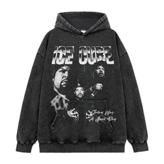 Ice Cube Printed Short Sleeve T-Shirt Washed Long Sleeve Loose Hooded Sweater Men