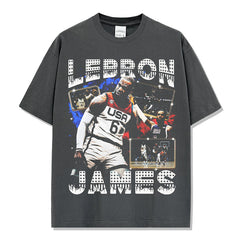 Vintage James James Printed Short Sleeve T-Shirt Washed Loose Casual Heavy Hooded Sweater Men