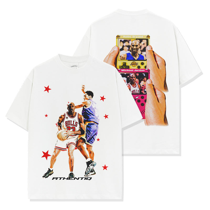 Vintage KEBO trend print short-sleeved t-shirt loose casual heavy round neck hooded sweater for men and women