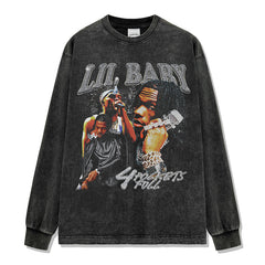 Hip hop lil baby print short-sleeved t-shirt washed long-sleeved loose casual heavy hooded sweater