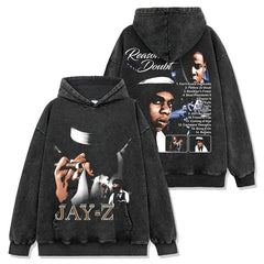 Retro hip-hop JAY-Z reversible print short sleeve t-shirt washed long sleeve loose hooded sweatshirt