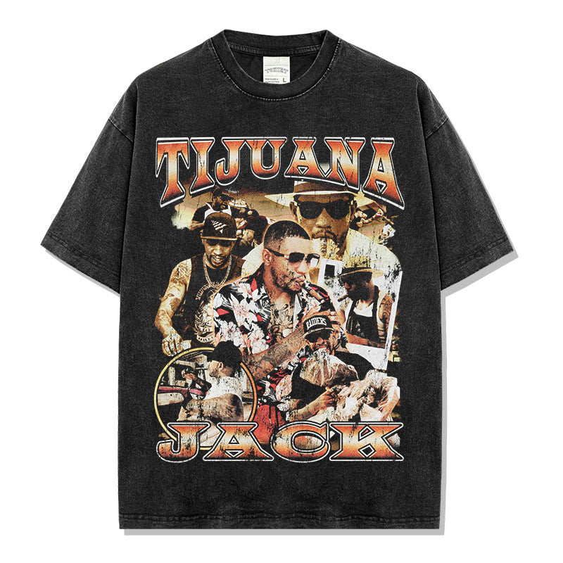 Hip Hop Tijuana Jack Printed Short Sleeve T-Shirt Washed Long Sleeve Loose Heavy Hooded Sweater