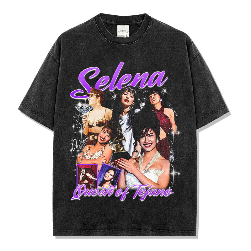 Selena Printed Short Sleeve T-Shirt Washed Old Long Sleeve Loose Casual Heavy Hooded Sweater Men