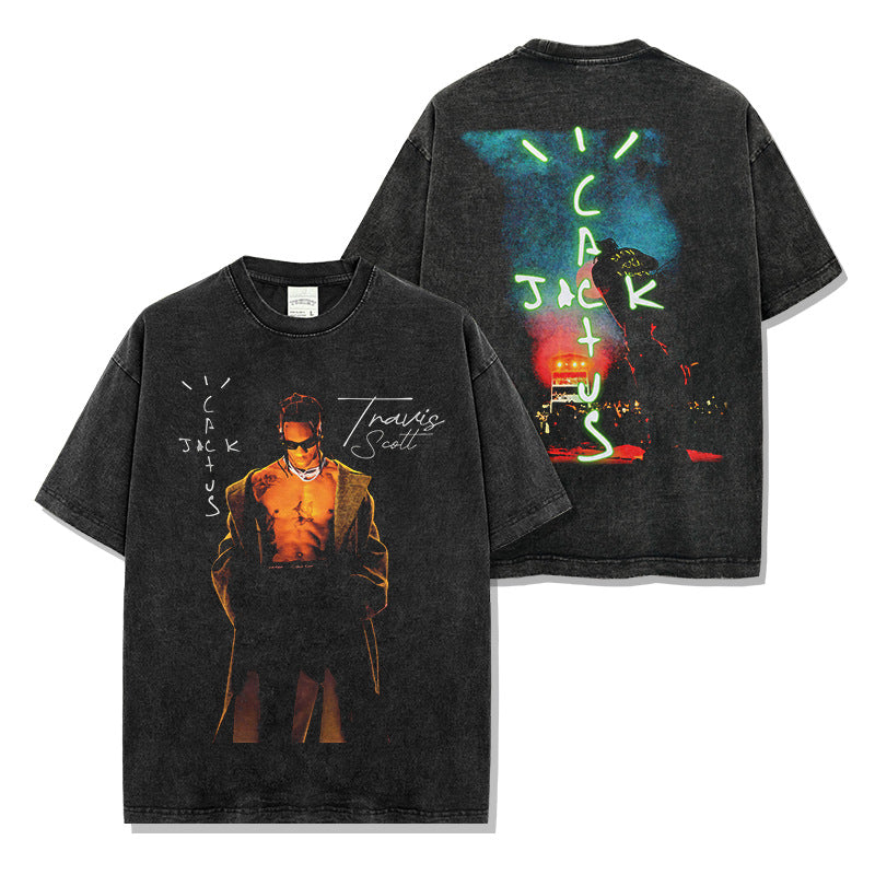 Vintage Travis Scott Black Printed Short Sleeve T-Shirt Washed Long Sleeve Crew Neck Casual Hooded Sweater