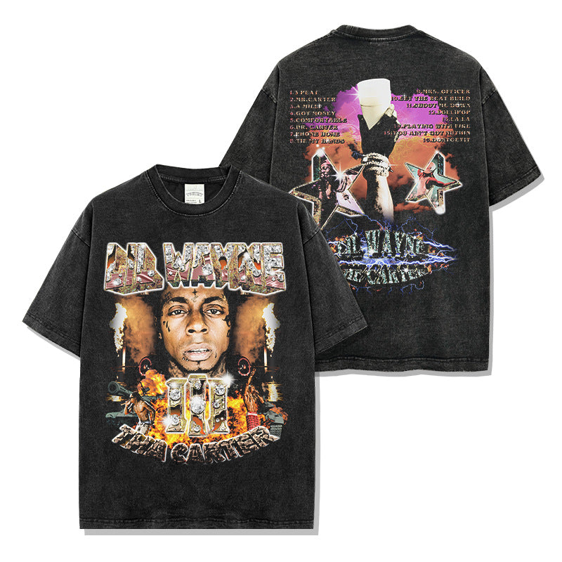 Hip Hop Lil Wayne Print Wash Short Sleeve T-Shirt Casual Crew Neck Hooded Sweatshirt Men