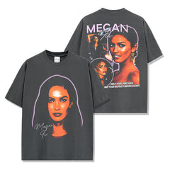 Vintage Megan MEGANFOX Printed Short Sleeve T-Shirt Loose Heavy Crew Neck Hooded Sweater Men's Trend