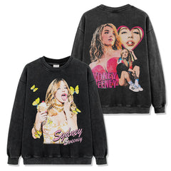 Sydney Sweeney Printed Washed Short Sleeve T-Shirt Casual Crew Neck Hooded Sweater