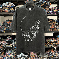 Vintage Alien Xenomorph Printed T-Shirt Vintage Washed Loose Heavy Crew Neck Short Sleeve