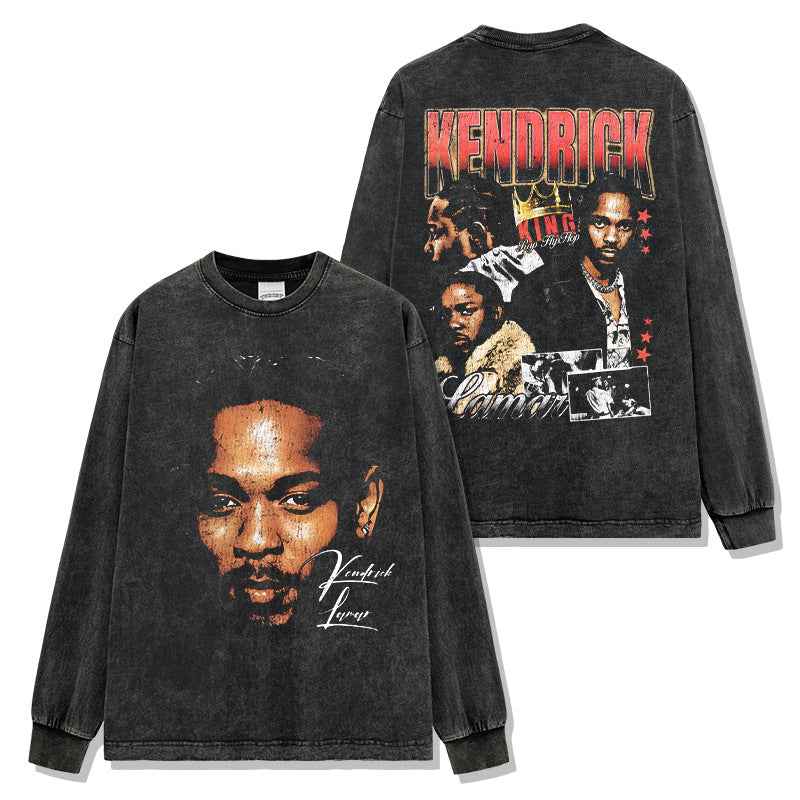 Hip Hop Kendrick Lamar Printed Short Sleeve T-Shirt Washed Long Sleeve Loose Hooded Sweater Men