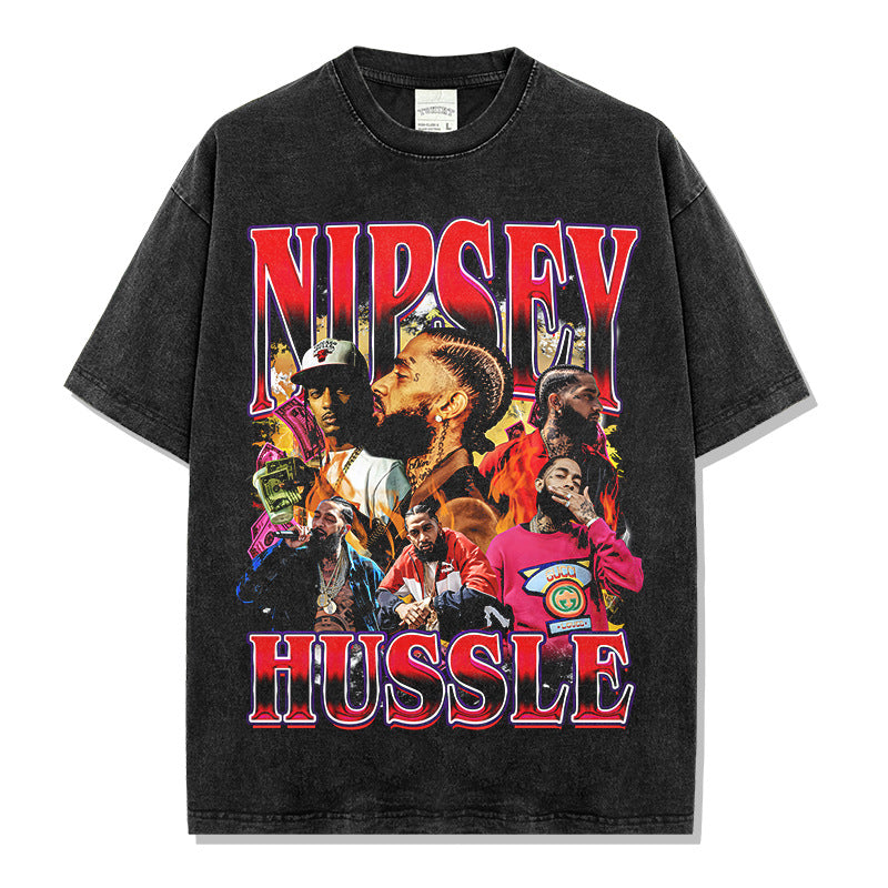 Vintage Hip Hop Nipsey Hussle Printed Short Sleeve T-Shirt Washed Long Sleeve Loose Hooded Sweater