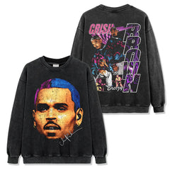 Hip Hop Brown Chris Brown Printed Washed Short Sleeve T-Shirt Crew Neck Heavy Loose Hooded Sweater Men