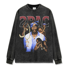 Hip hop tupac print short sleeve t-shirt washed distressed long sleeve loose casual heavy hooded sweatshirt