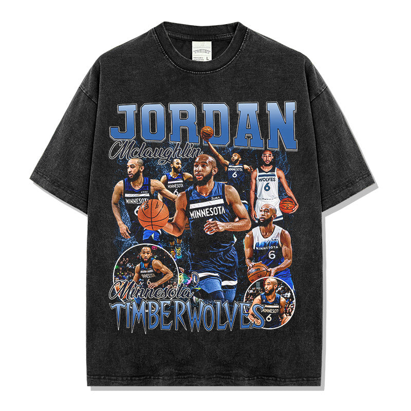 Vintage McLaughlin Printed Short Sleeve T-Shirt Old Washed Long Sleeve Crew Neck Hooded Sweater Men