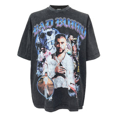 Vintage Bad Bunny Printed Short Sleeve T-Shirt Washed Heavy Cotton Small Neckline Top